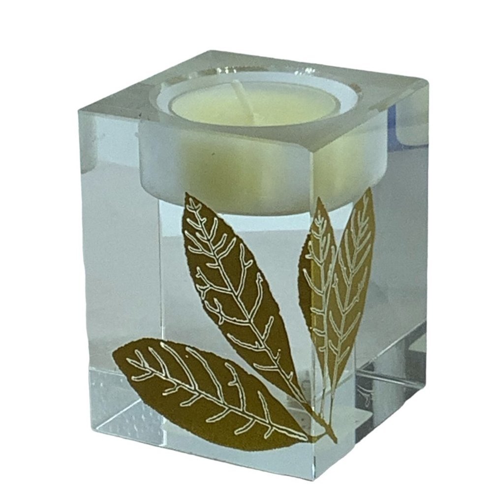 Oleg Cassini Crystal Votive Candle Holder Paperweight Gold‎ Fall Autumn Leaves